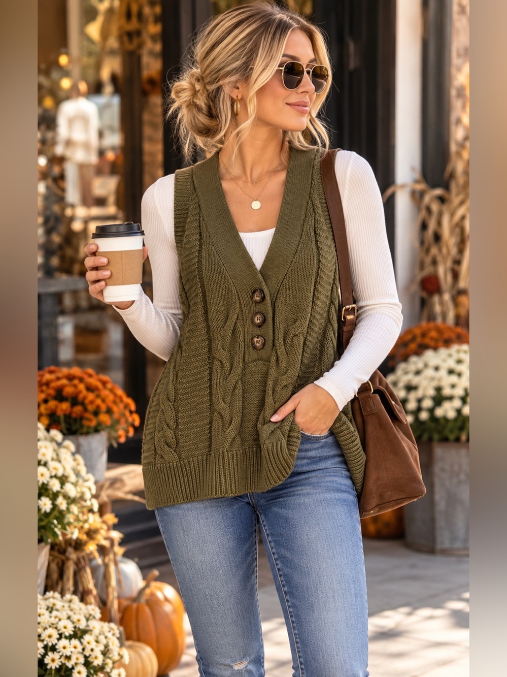Marled Reunited Clothing XL Olive Green Cable Knit Long Sweater Vest Cardigan